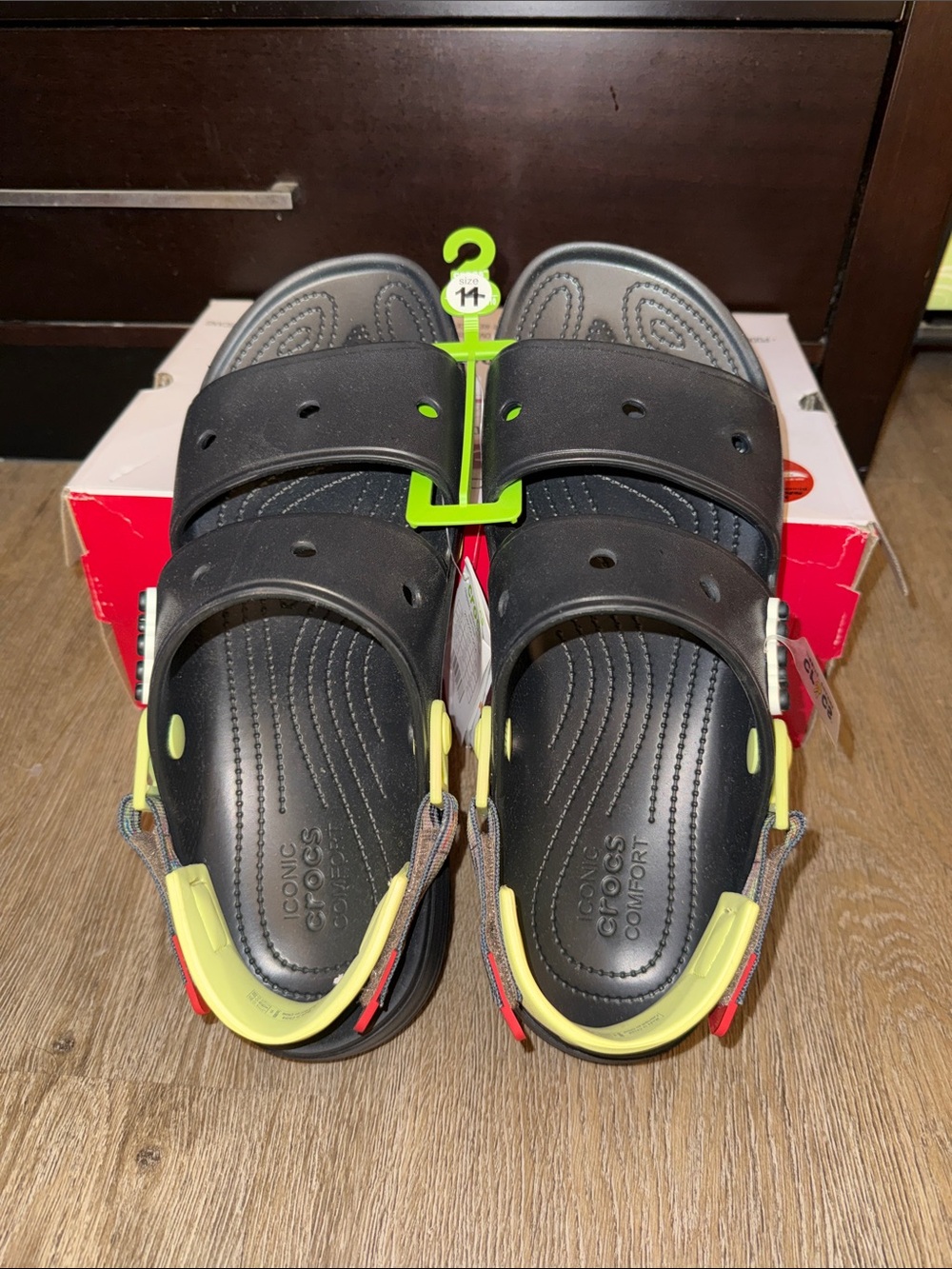 CROCS Black Clogs with Yellow and Red Accents